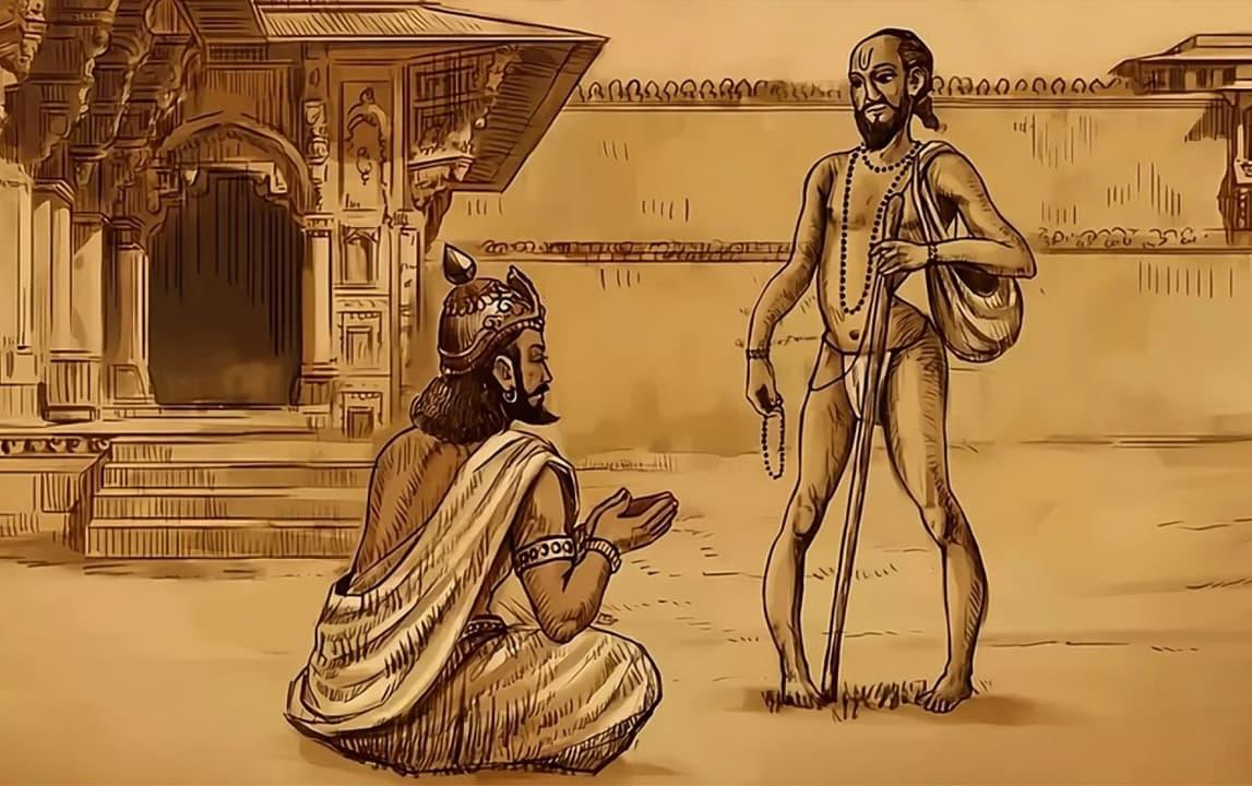 Ashtavakra standing before King Janaka in a palace courtyard