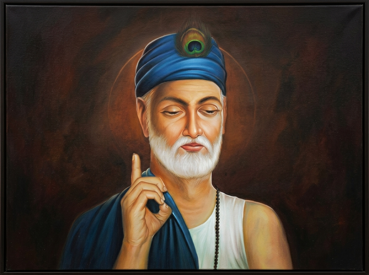 Portrait of Kabir in a blue turban, one hand raised in a teaching gesture