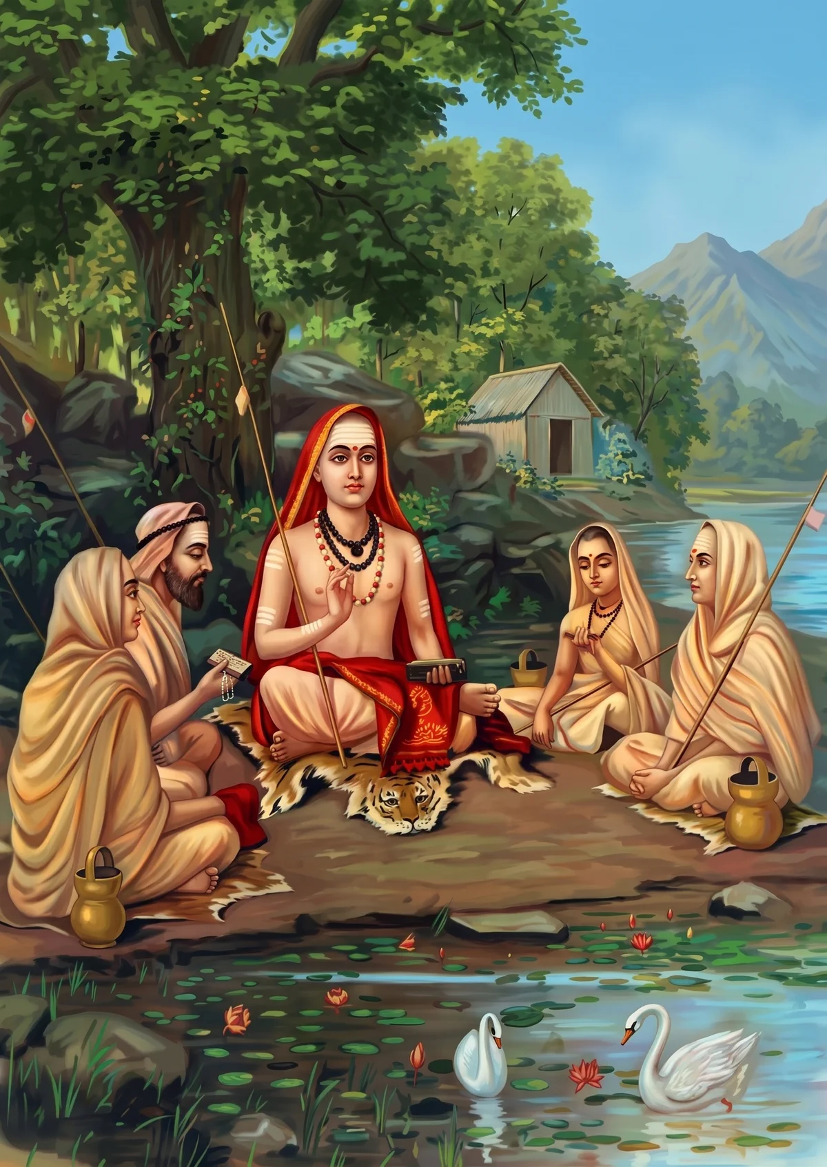 Adi Shankaracharya seated among disciples and teaching in a forest